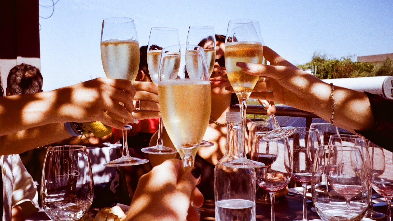 Friends toasting at a group celebration